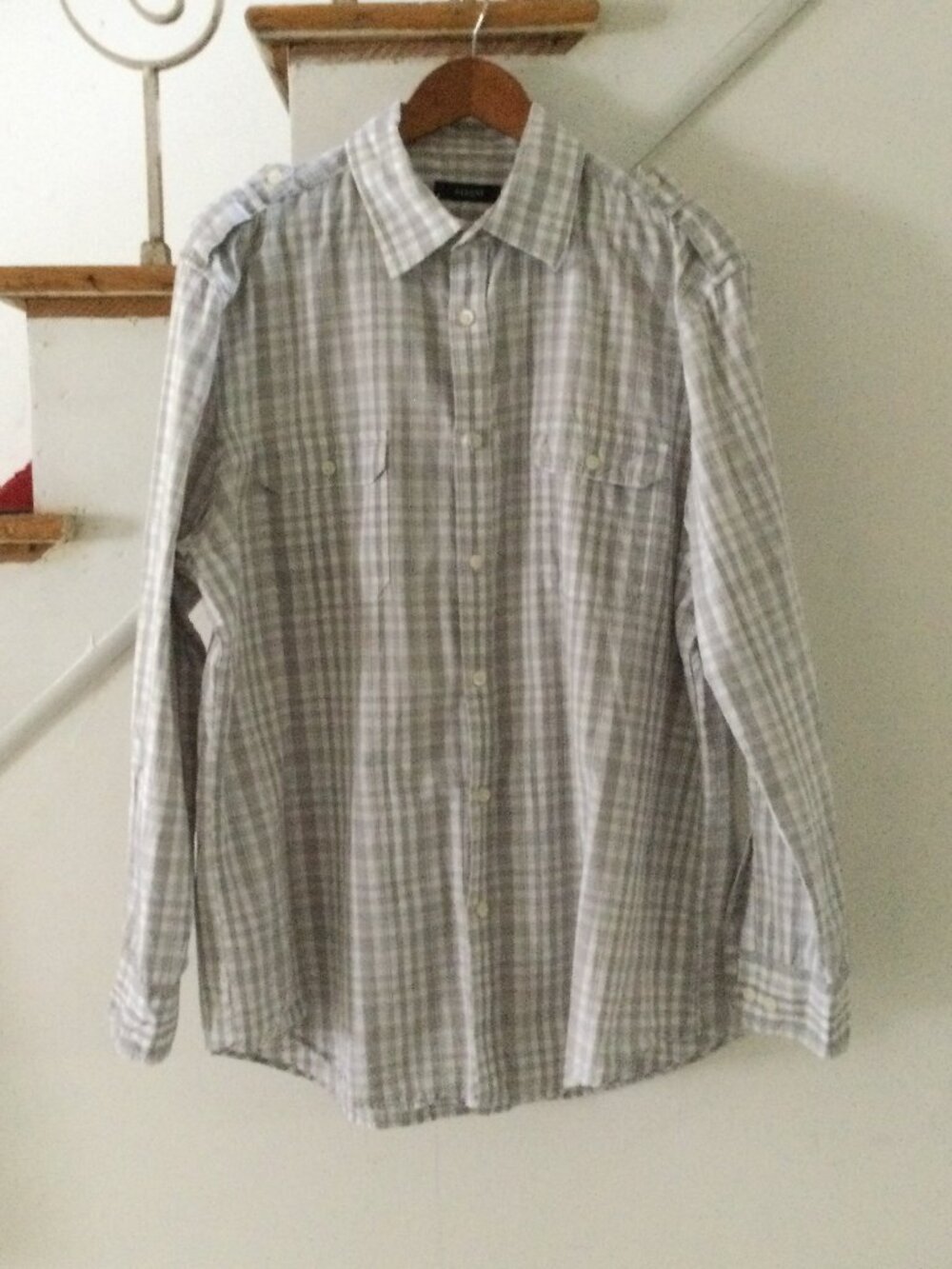 Alfani Long-sleeve plaid button-down shirt Mens XL Grey White Shoulder Epaulets